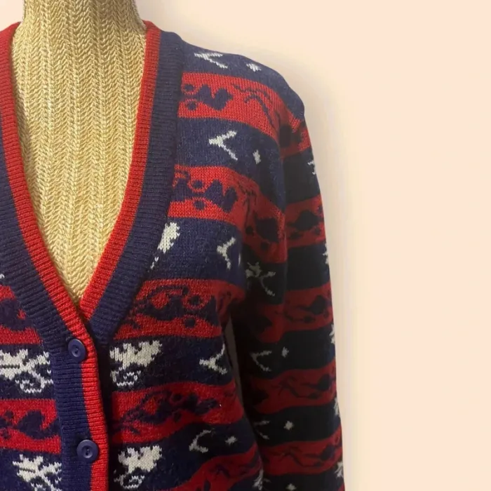 Cardigan vintage rétro bleu-rouge à motifs blancs – Taille XL Cozy & stylé - photo numéro 2