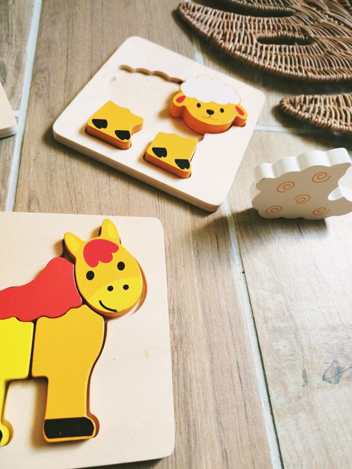 🐑Lot de 3 petits puzzles mouton, cheval et lama premier âge en bois - photo numéro 2