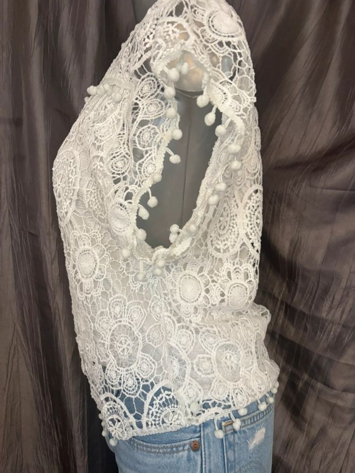 Blouse bohème blanche dentelle/crochet et pompons 36/38 - photo numéro 4