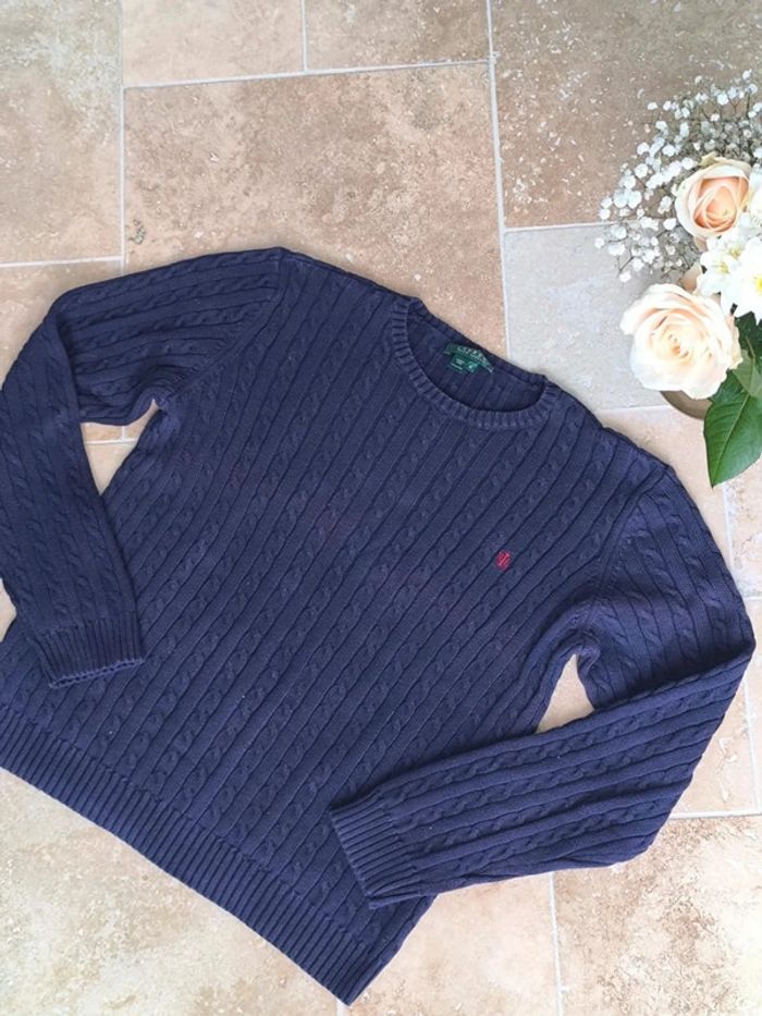 Pull torsadé femme Lauren Ralph Lauren bleu marine avec logo rouge brodé taille XL