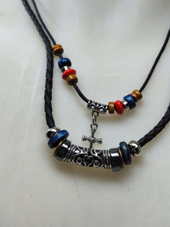 Collier pour homme tribal noir double lacet - photo numéro 2