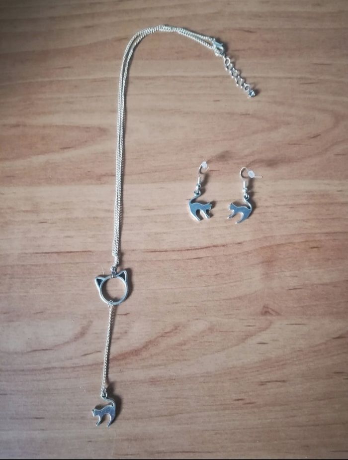 Parure faite main Chat perché neuve collier et boucles d'oreilles - photo numéro 4