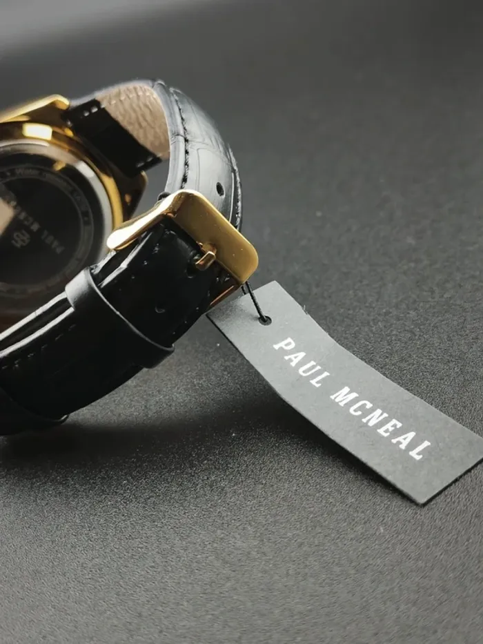 Montre noire quartz japonais, plaqué or, cuir - photo numéro 5