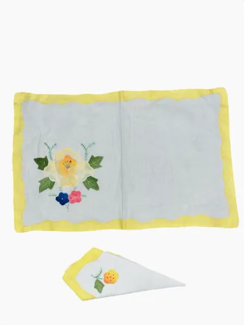 Set de table + serviette assortie – Jaune vintage motif fleur brodé Neuf