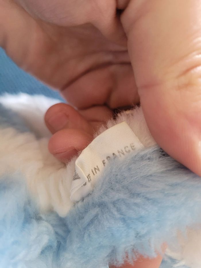 RARE Lapin hochet (fonctionne) Boulgom bras ouverts bleu blanc peluche doudou France collection 28cm - photo numéro 8