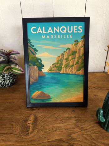 Affiche poster A4 (21×29,7 cm) Calanques Marseille vintage – déco murale voyage mer méditerranée