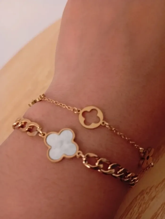 Solde 💝 Double bracelets chaine doré trèfle quatre coeurs bohème tendance fleur onyx opaline - photo numéro 4