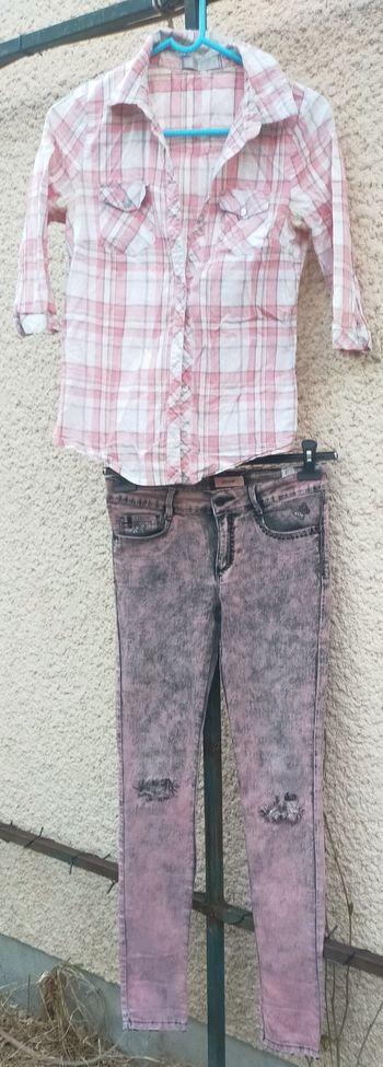 Ensemble jean chemise rose délavée unique