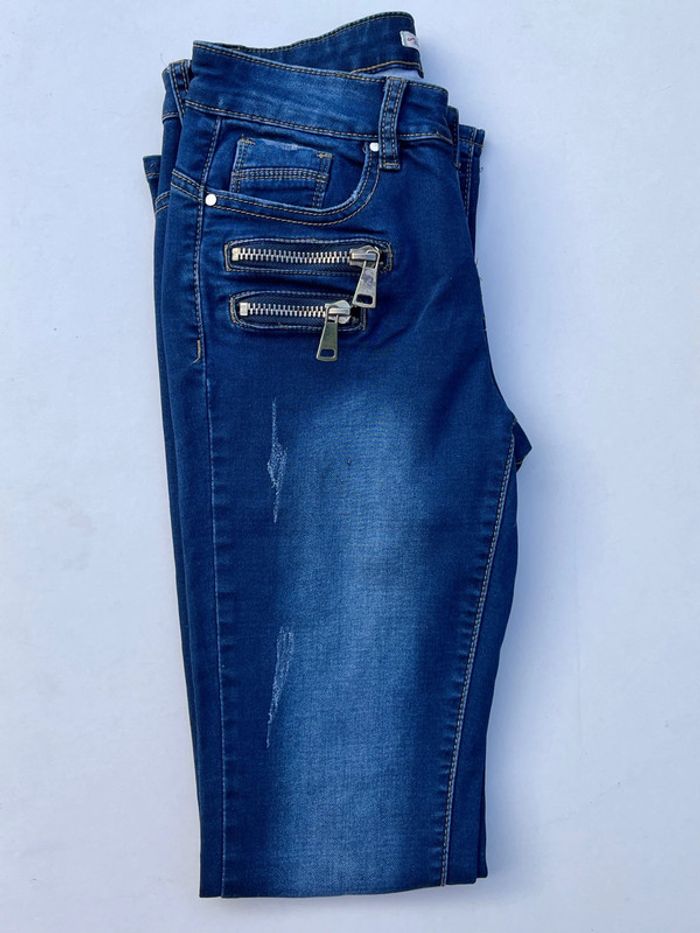 Jean taille basse pattes d’eph bleu nuancé - zips décoratifs - photo numéro 10