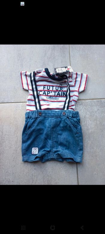 Ensemble bébé garçon 6 mois tee-shirt marin et short + bretelles Terre de marins