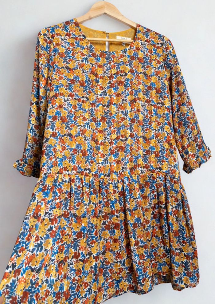 Robe à fleurs jaune et bleu coupe évasée style vintage babydoll SAAJ Taille 36 - photo numéro 3