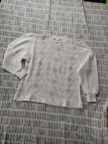 Pull blanc broderie rose fleurs dorée taille 42 44