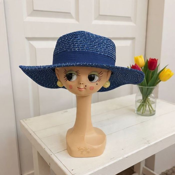 grand chapeau paille neuf taille unique bleu marine paillettes ruban cérémonie