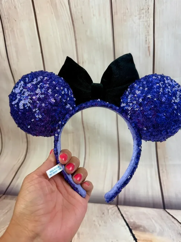 Ears (serre tête) Disney Minnie sequins violet noeud noir effet velours Halloween Tokyo Disneyland - photo numéro 4