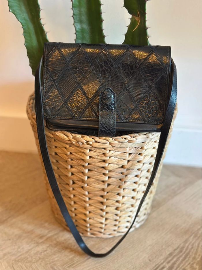 Sac bandoulière/pochette en cuir de croco noir authentique Jean Charles Paris (vintage 70s’)