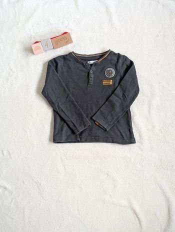 Pull en maille légère mi-saison gris foncé avec liseré marron Lulu Castagnette _ Taille 4 ans