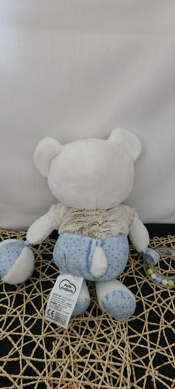 Doudou ours blanc beige bleu pois balle hochet MOTS D'ENFANTS - photo numéro 3