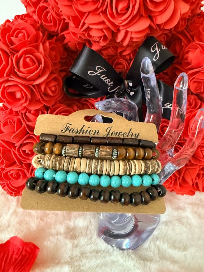 🌿 Lot de bracelets naturels – Bois & perles turquoise 🌿
