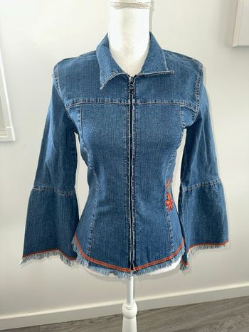 Veste en jean denim cintrée à franges manches évasées broderies fleurs Y2K Vintage T36/38 S/M