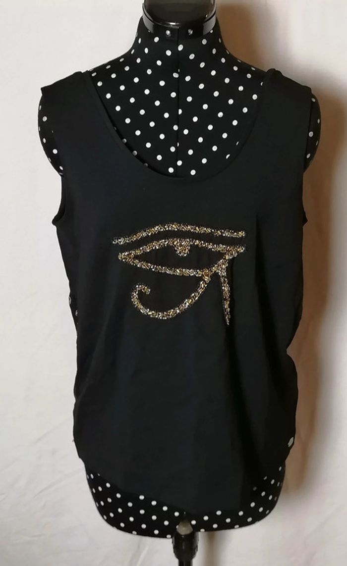 Top / débardeur noir motif égyptien oeil hiéroglyphes perles taille S DDP - photo numéro 3