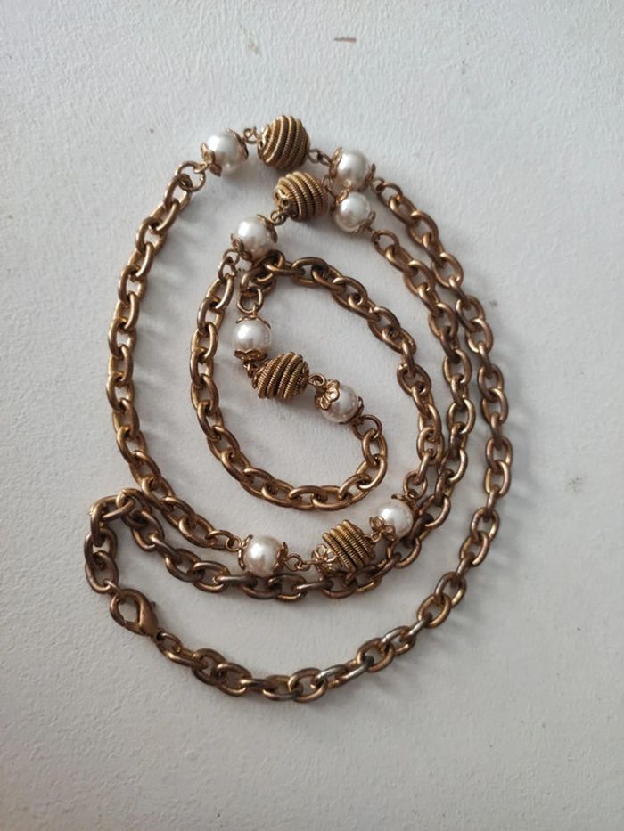 Collier sautoir vintage perles et metal - photo numéro 1