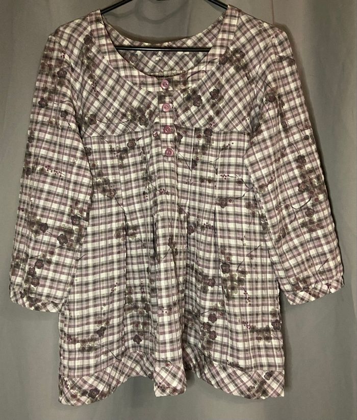 Haut à carreaux violet et gris manches 3/4