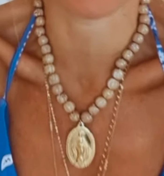 Collier réglable boules bois acier inoxydable or médaille xl vierge marie - photo numéro 8