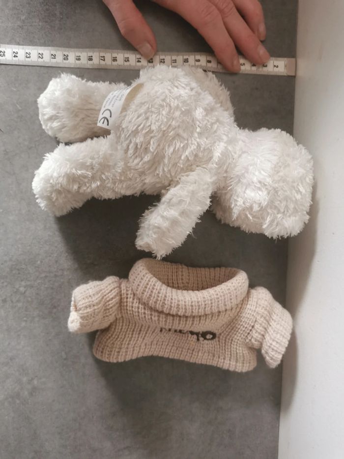 Peluche doudou ours nounours blanc pull khimo beige - photo numéro 5