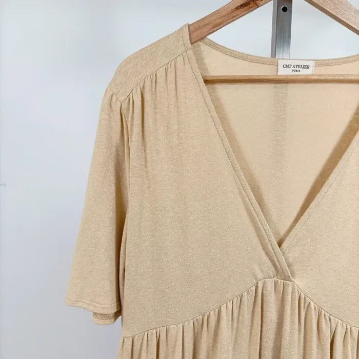 Robe longue beige CMT Atelier col cache-cœur manches courtes fluide T38 coton élasthanne A1260 - photo numéro 5