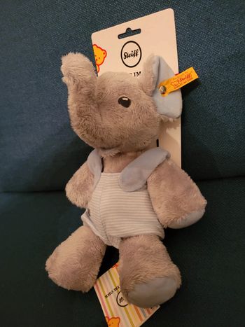 NEUF Peluche doudou Steiff Trampili 241673 Éléphant Gris/bleu 24 cm