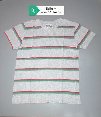 Tee-shirt gris rayé couleurs été M pour un 14.16ans (mesures en photos