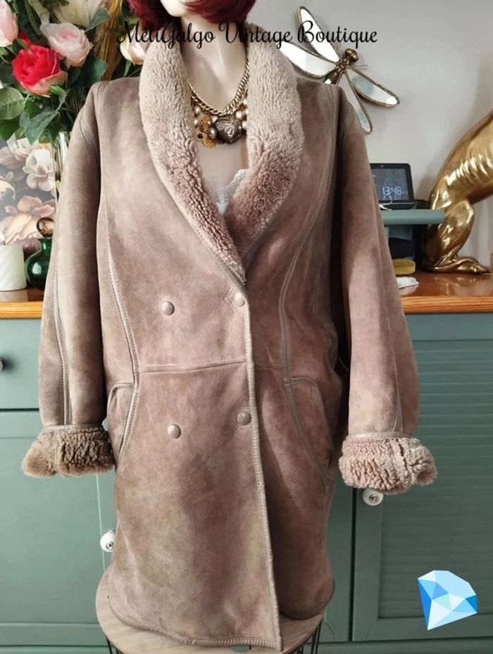 🌹 Manteau Cuir/Daim Velours Beige Clair Doublé Sherpa Vintage T40/42🌹 - photo numéro 2