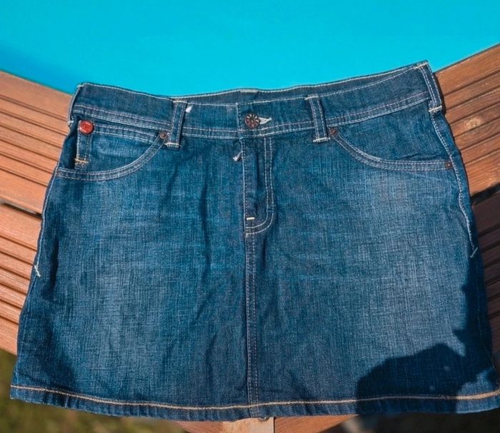 Jupe evisu x puma mini jupe skirt en jeans denim taille 30 tbe y2k - photo numéro 2