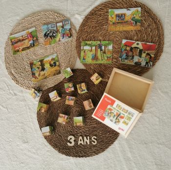 12 cubes en bois avec 6 modèles plastifiés pour créer 6 puzzles, thème campagne 