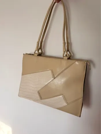Sac main femme effet bag piel bolsa borsa zak tas Tasche Saco beige anse crème blanc croco cuir