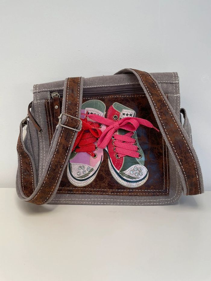Sac à bandoulière marron original vintage sacoche fille basket à lacet cadeau de noel - photo numéro 3