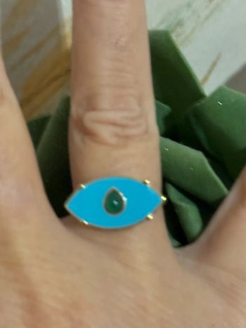 Bague réglable œil résine bleu turquoise perle goutte verte