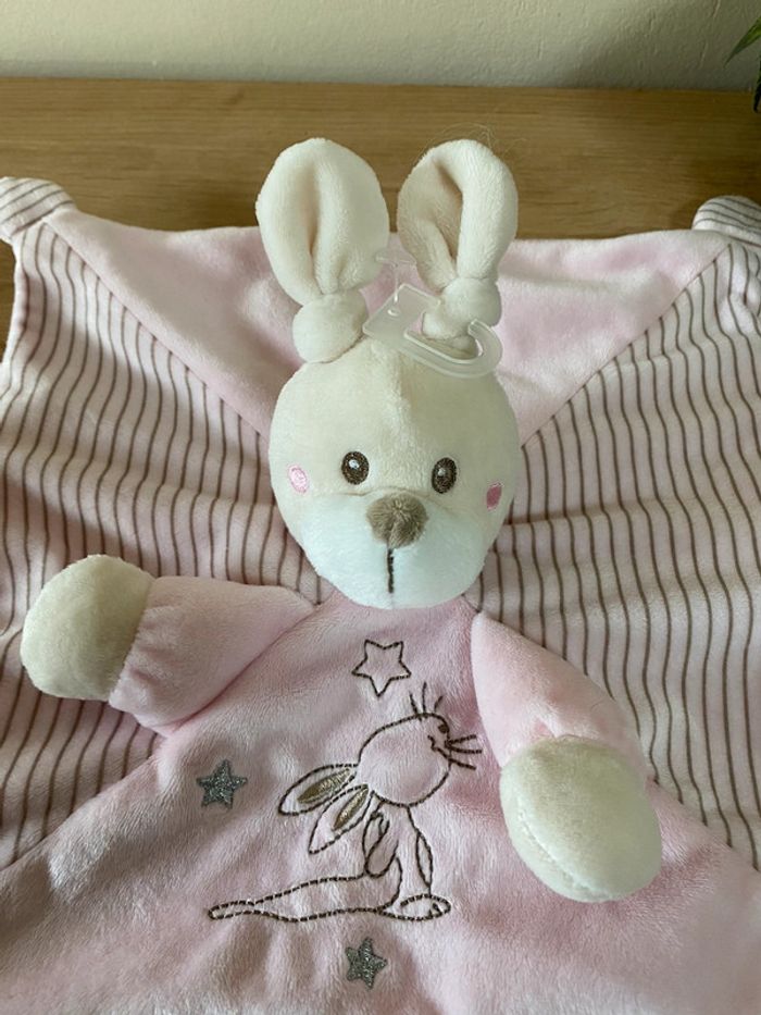 Doudou plat lapin rose etoile argent brodé attache sucette Simba toys neuf - photo numéro 2