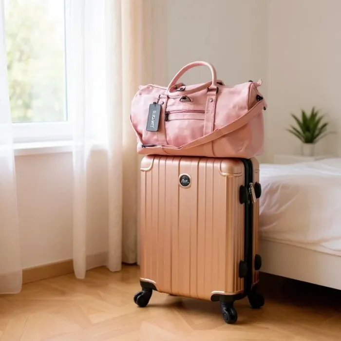 Valise cabine 55cm + Sac de voyage rose en cuir PU de qualité