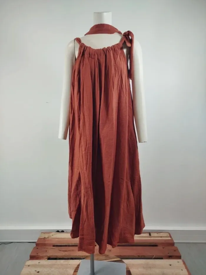 Robe longue rouille Quintessence en coton, effet gaufré, nouée à l'épaule, style bohème A1564 - photo numéro 5