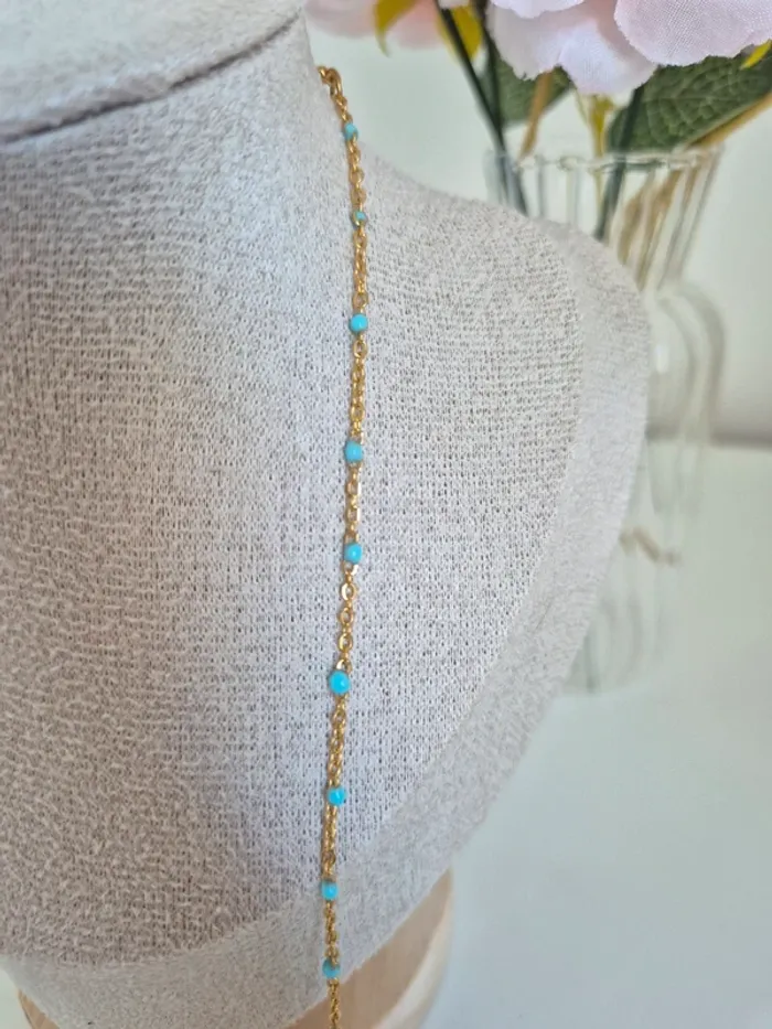 1 collier 50cm + 5 cm 🌸 en acier inoxydable perles résines bleu ciel - photo numéro 3
