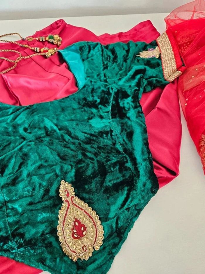 Véritable magnifique sari île Maurice brodé fait à la main rouge et vert velour robe indienne - photo numéro 9