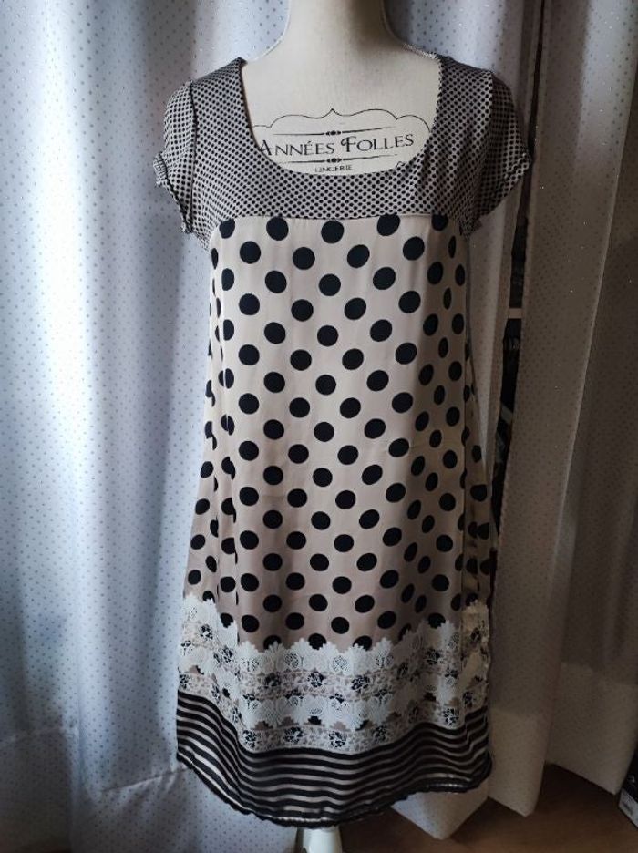 Robe Jacqueline Riu satinée à pois et rayures, taille 40, TBE!