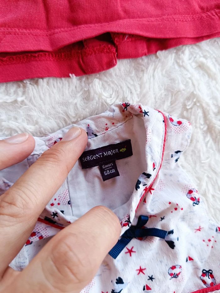 Ensemble 5 pièces (robe+boomer+tee shirt+gilet+chapeau) Fille 6 mois oiseau mer Sergent major - photo numéro 3