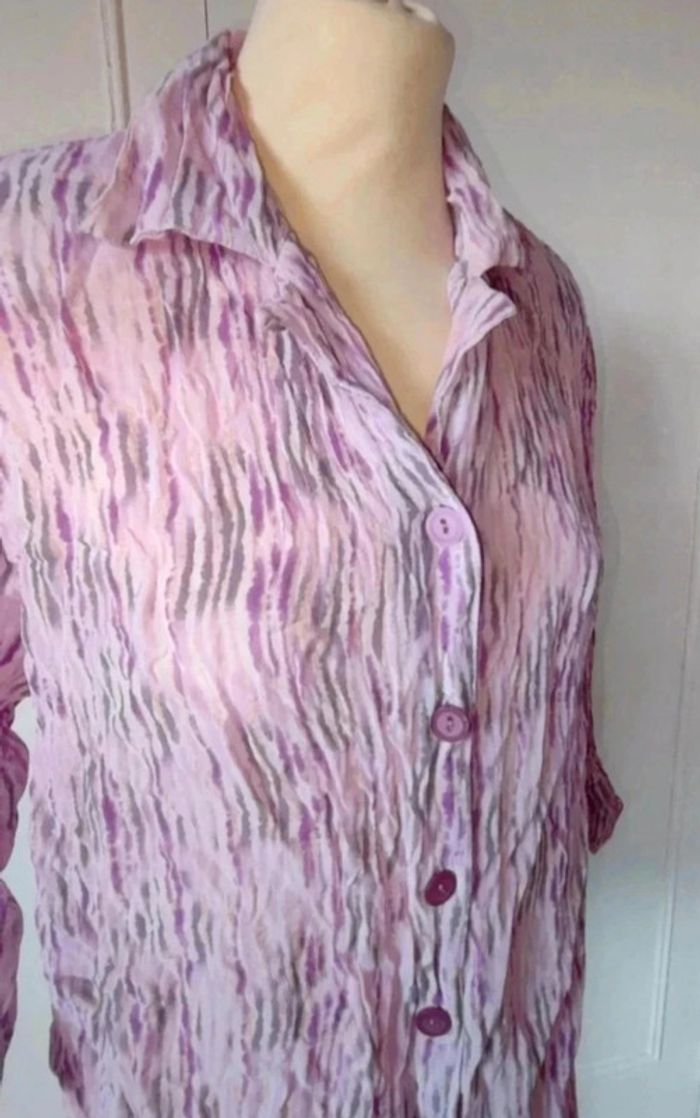 💗Chemise femme vintage 60s voile épaulette femme  rose lila mauve imprimé été t l 40 xl 42 - photo numéro 2