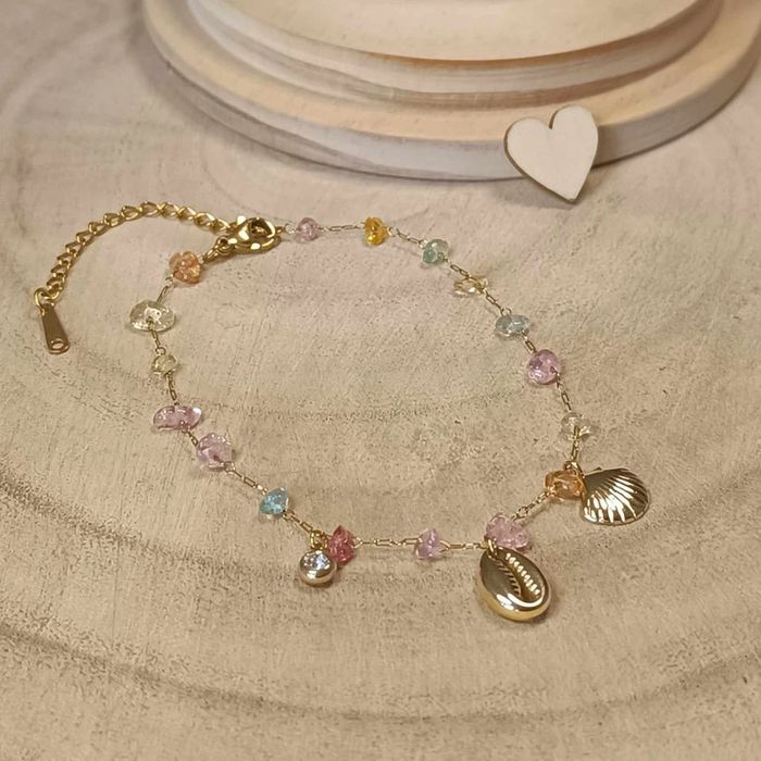 Bracelet doré en acier inoxydable avec pierres colorées et coquillages (neuf)