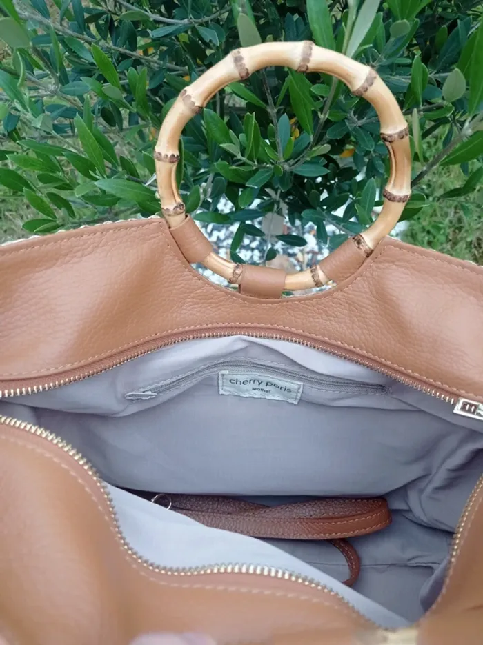 Magnifique sac en raphia tricoté laine beige garni cuir de vachette Cherry Paris - photo numéro 4