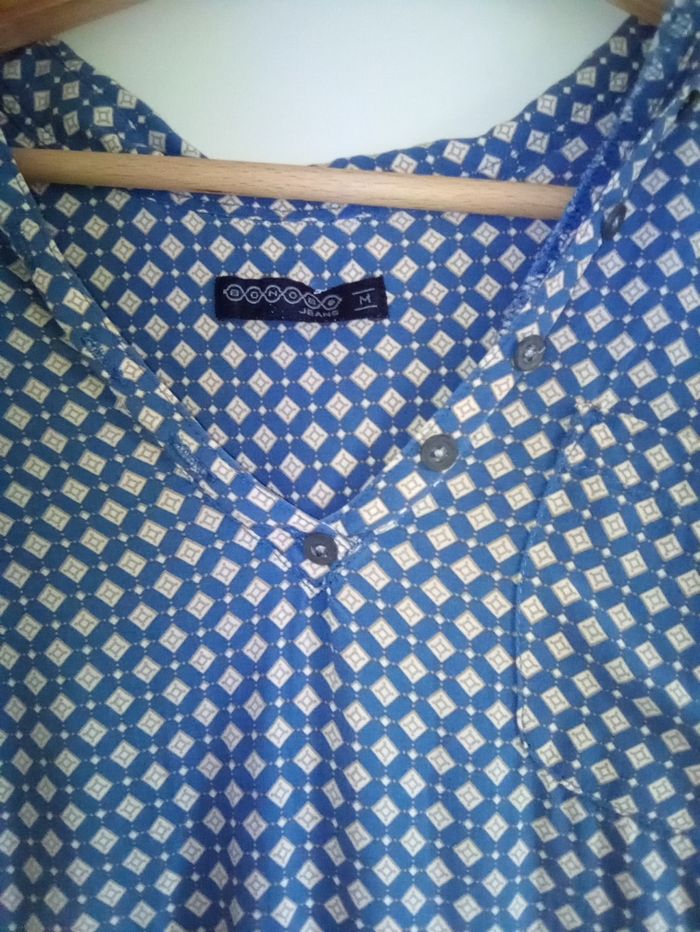 Blouse bleu canard et beige - photo numéro 3