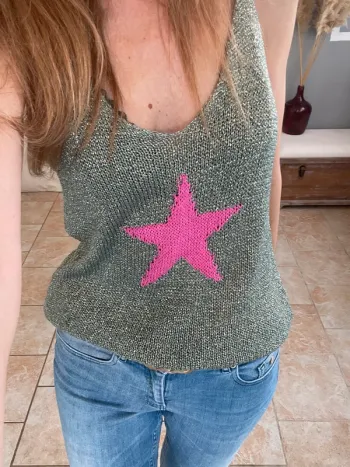 Débardeur vert doré irisé avec étoile rose-Taille unique
