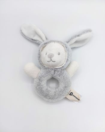 Doudou hochet ours blanc déguisé en lapin ORCHESTRA PREMAAN gris chiné grelot proche neuf